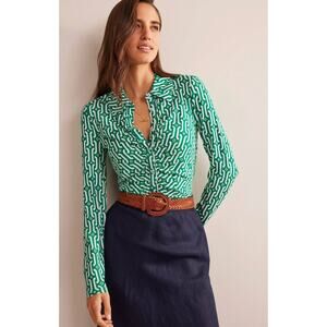 Boden Printed Jersey Long Sleeve Gathered Button Down Shirt Green Womens Size 8